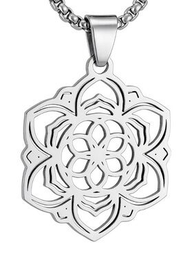 Stainless Steel Mandala Flower Pendant Necklace 24”